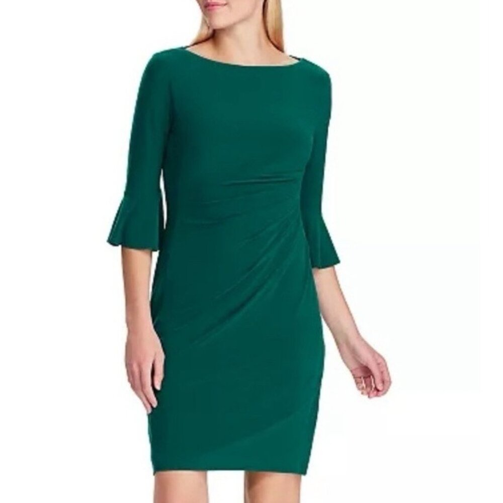 Chaps Ralph Lauren Dress L Large Green 3/4 Long Sleeve Flutter Washable NEW